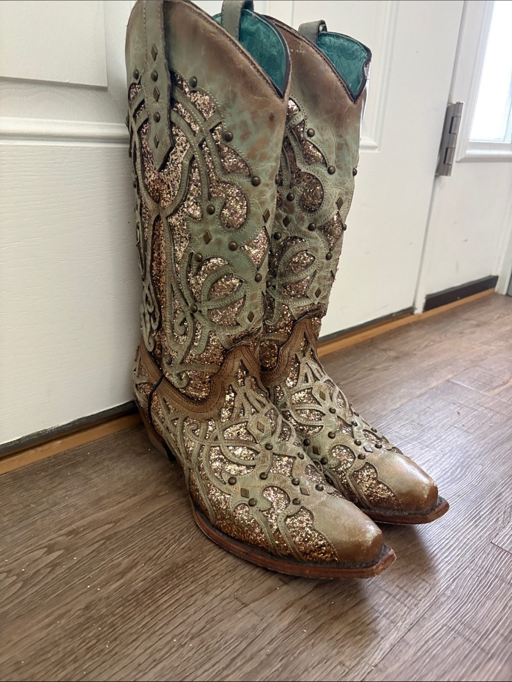 Women's Mint Green and Brown Western Embellished Cowboy Boots